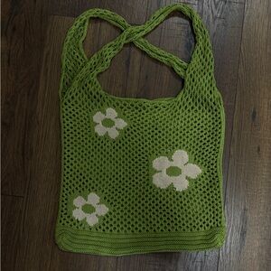 Green Floral Knit Tote Bag